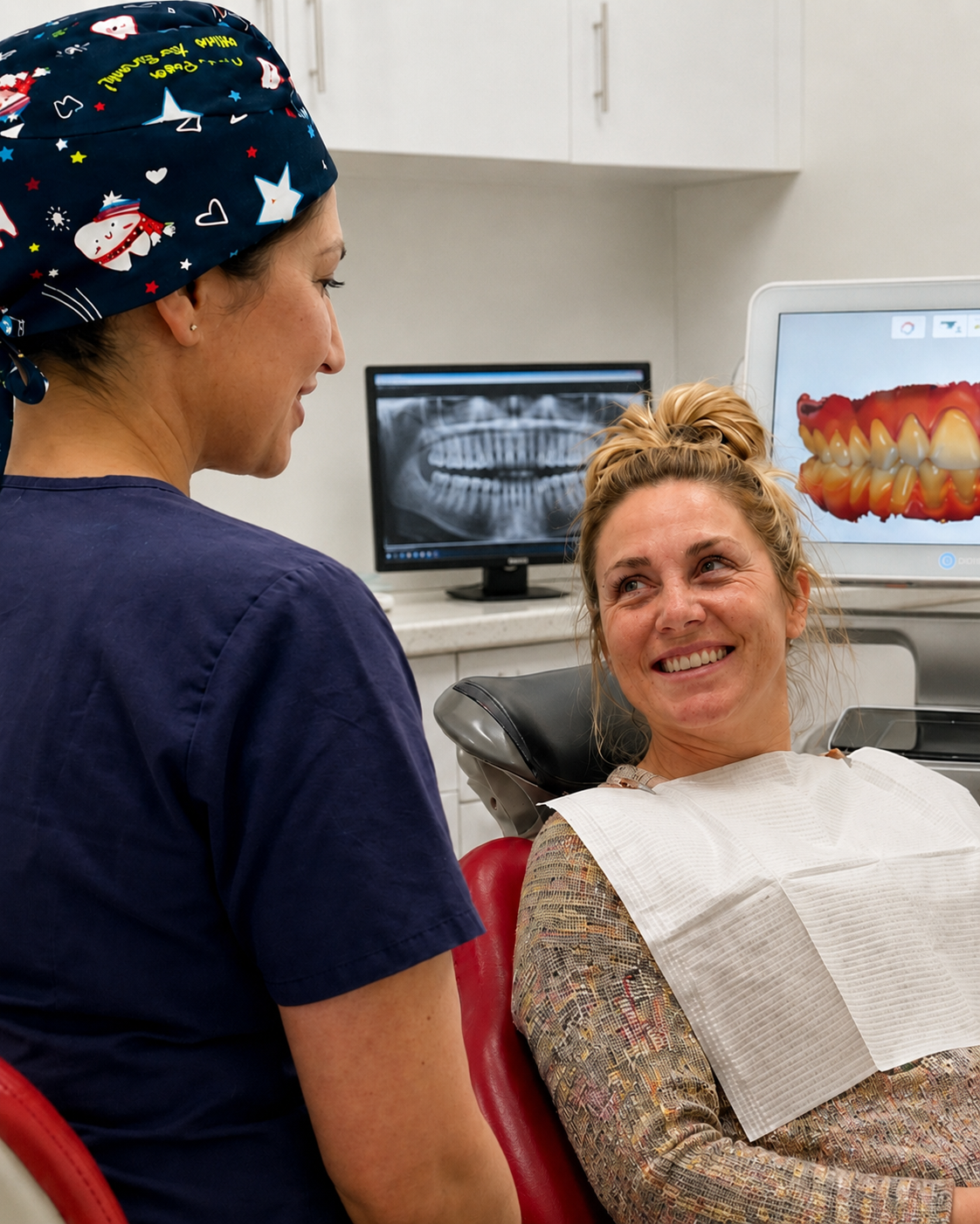Smiling patient speaking with dentist at Lara Dental Prime dental clinic