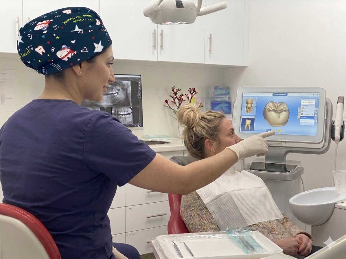 Dentist showing dental crown design on screen at Lara Dental Prime