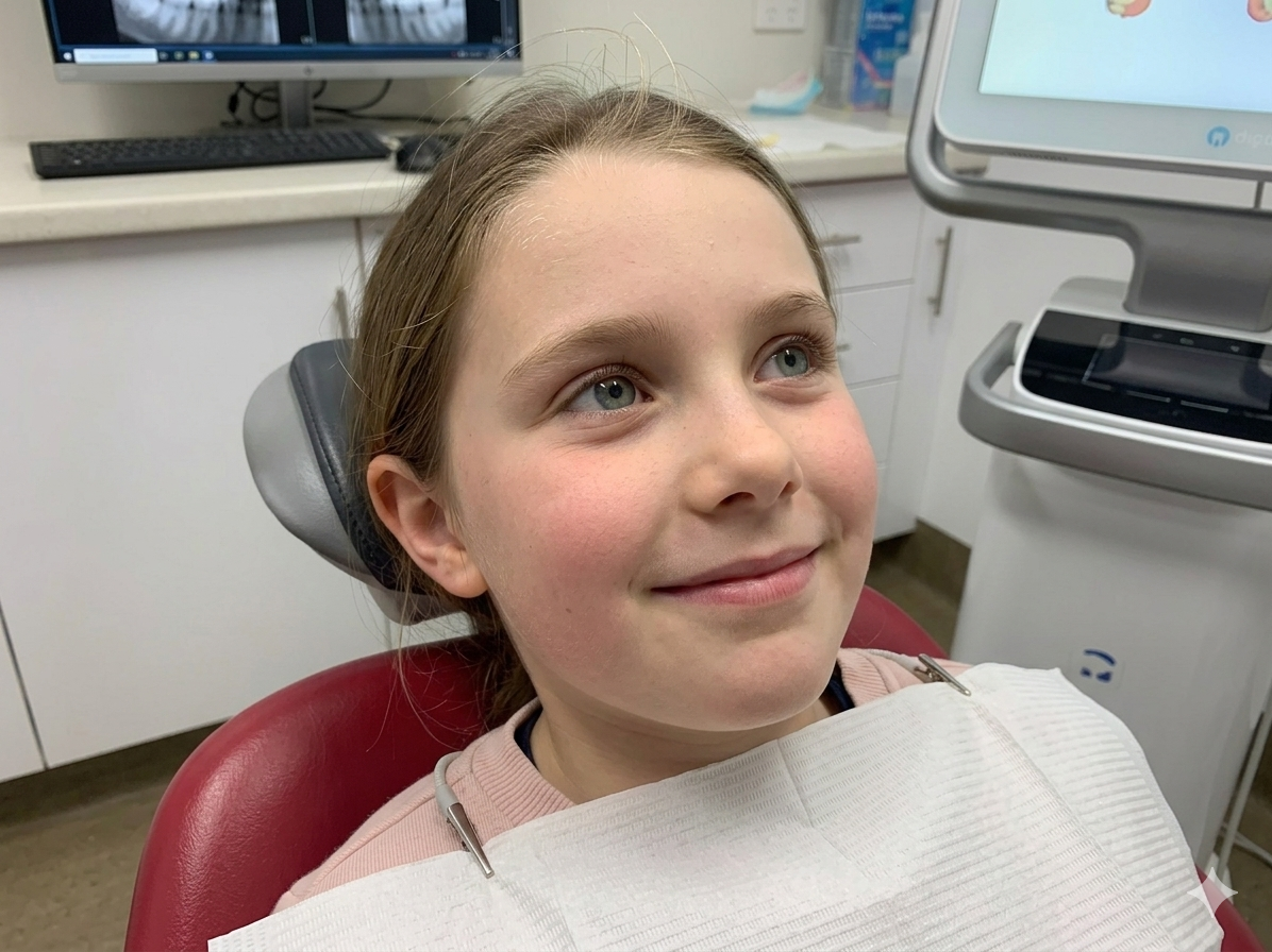 Child smiling comfortably in a dental chair at Lara Dental Prime