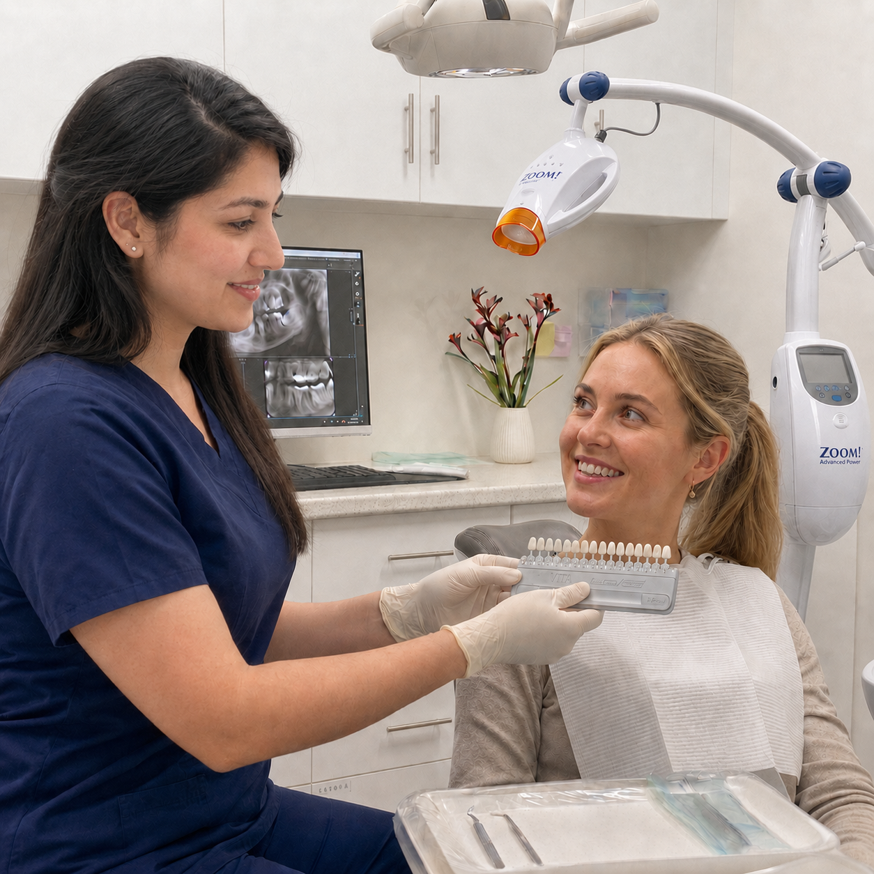 Dentist discussing teeth whitening shade options with a smiling patient at Lara Dental Prime