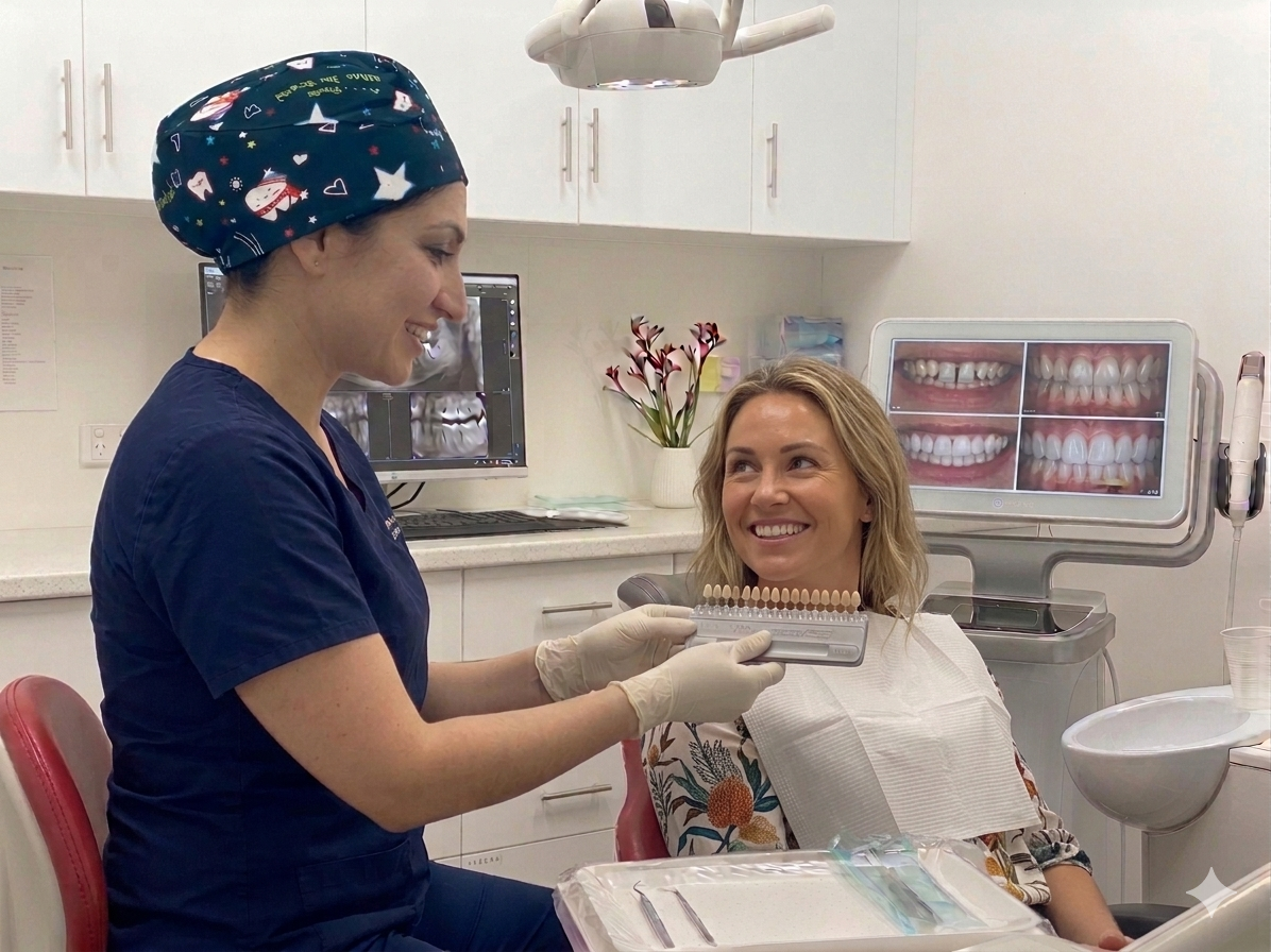 Dentist discussing dental veneers and shade options with a smiling patient at Lara Dental Prime