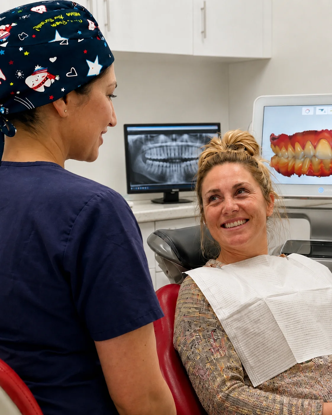 Smiling patient speaking with dentist at Lara Dental Prime dental clinic